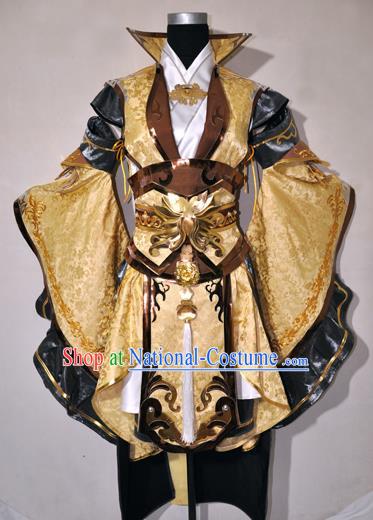 Chinese Traditional Cosplay Young Knight Golden Costume Ancient Swordsman Hanfu Clothing for Men