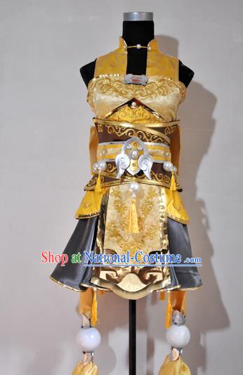 Top Grade Cosplay Fairy Witch Costume Ancient Female Swordsman Golden Dress for Women