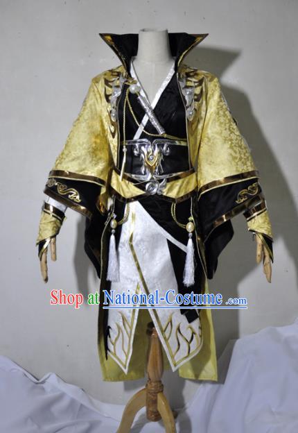 Chinese Traditional Cosplay Royal Highness Young Knight Golden Costume Ancient Swordsman Hanfu Clothing for Men