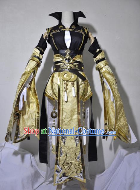 Chinese Traditional Cosplay Knight Costume Ancient Queen Swordsman Golden Dress for Women