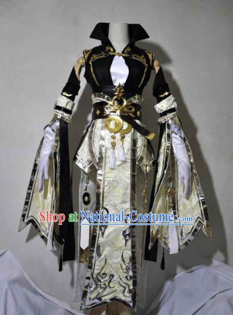 Chinese Traditional Cosplay Knight Costume Ancient Queen Swordsman Light Golden Dress for Women