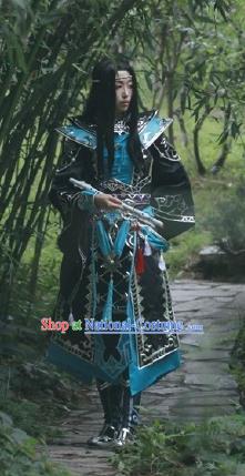 Chinese Traditional Cosplay General Young Knight Blue Costume Ancient Swordsman Hanfu Clothing for Men