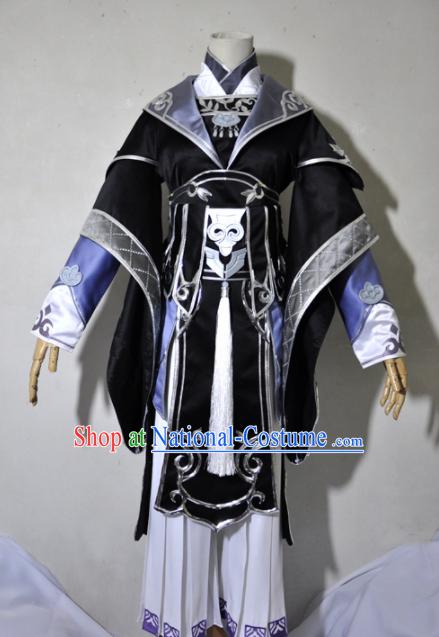 Chinese Traditional Cosplay Crown Prince Black Costume Ancient Swordsman Hanfu Clothing for Men