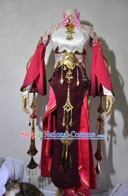 Chinese Traditional Cosplay Princess Knight Rosy Costume Ancient Fairy Swordsman Dress for Women