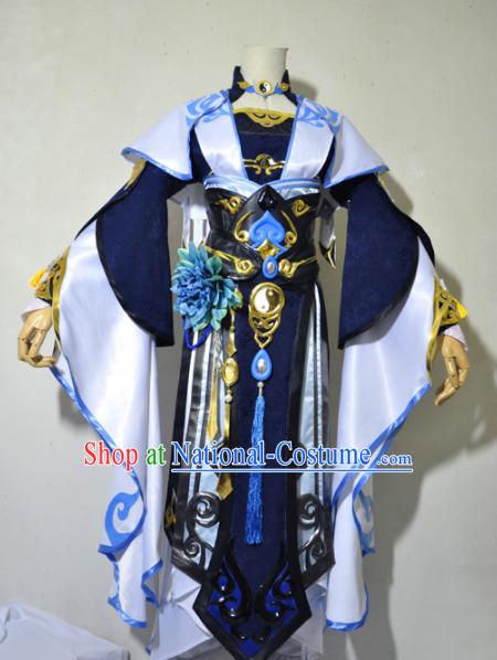 Chinese Traditional Cosplay Princess Knight Navy Blue Costume Ancient Fairy Swordsman Dress for Women