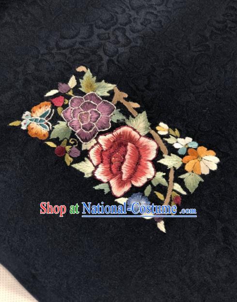 Traditional Chinese Embroidered Peony Black Silk Fabric Classical Pattern Design Brocade Fabric Asian Satin Material