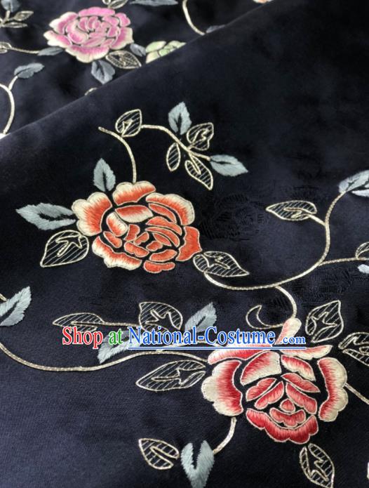 Traditional Chinese Embroidered Peony Flowers Black Silk Fabric Classical Pattern Design Brocade Fabric Asian Satin Material