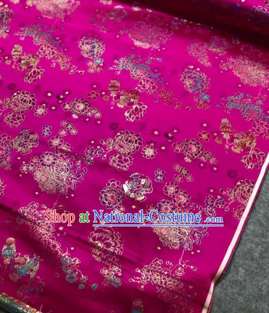 Traditional Chinese Embroidered Rosy Silk Fabric Classical Lotus Chrysanthemum Pattern Design Brocade Fabric Asian Satin Material