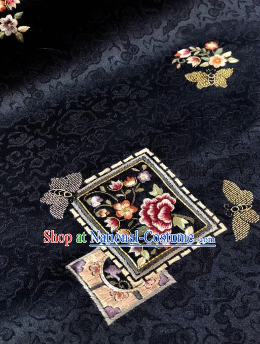 Traditional Chinese Embroidered Peony Butterfly Black Silk Fabric Classical Pattern Design Brocade Fabric Asian Satin Material