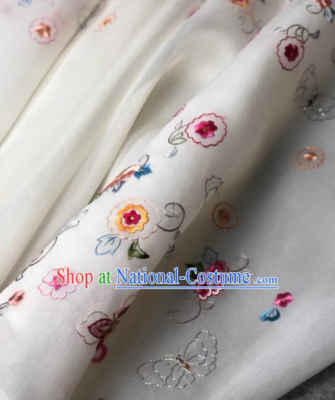 Traditional Chinese Embroidered Frangipani White Silk Fabric Classical Pattern Design Brocade Fabric Asian Satin Material