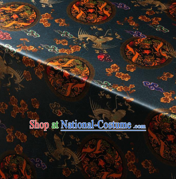 Chinese Traditional Classical Dragon Crane Pattern Navy Blue Brocade Damask Asian Satin Drapery Silk Fabric