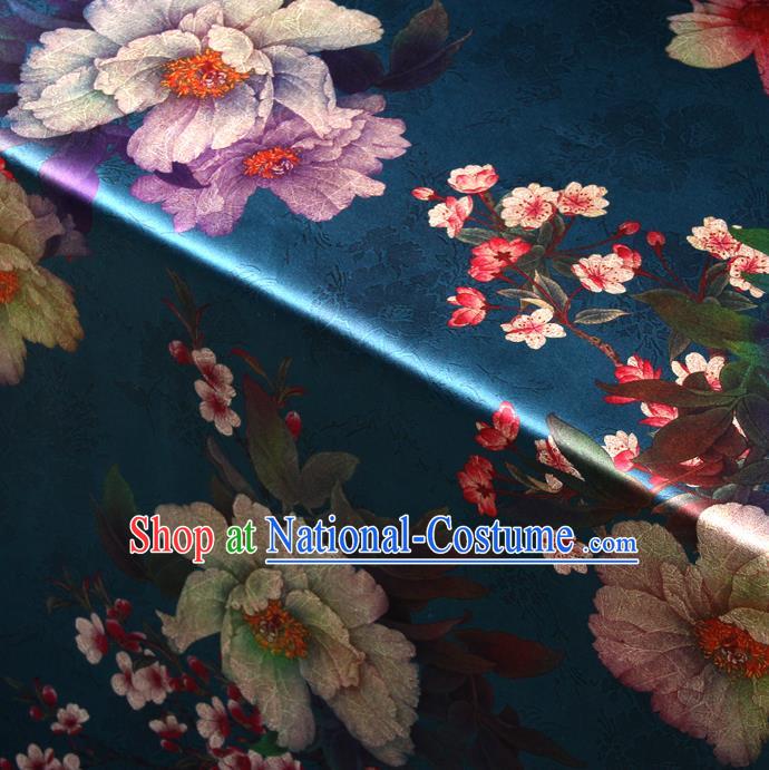 Chinese Traditional Classical Plum Peony Pattern Blue Brocade Damask Asian Satin Drapery Silk Fabric