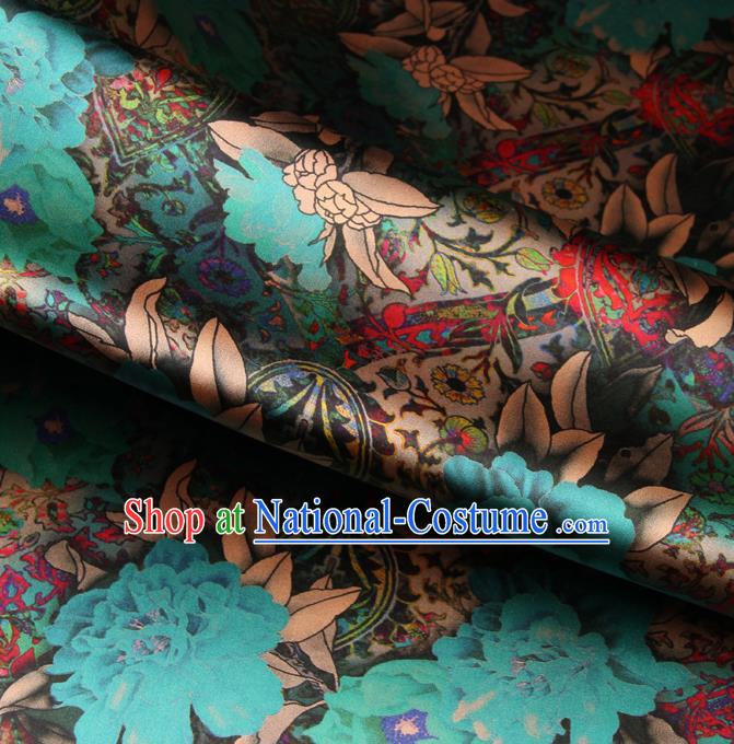 Chinese Traditional Classical Peony Pattern Green Brocade Damask Asian Satin Drapery Silk Fabric