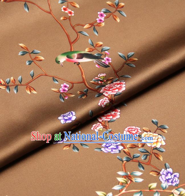 Chinese Traditional Classical Peony Birds Pattern Brown Brocade Damask Asian Satin Drapery Silk Fabric