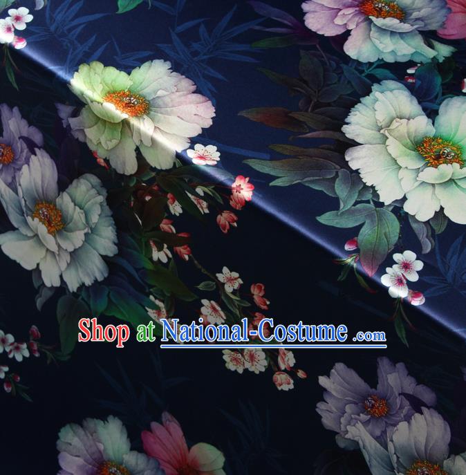 Chinese Traditional Classical Peach Flowers Pattern Navy Brocade Damask Asian Satin Drapery Silk Fabric