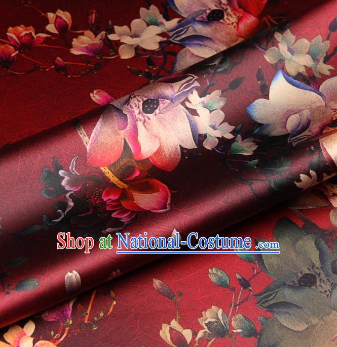 Chinese Traditional Classical Lotus Flowers Pattern Red Brocade Damask Asian Satin Drapery Silk Fabric