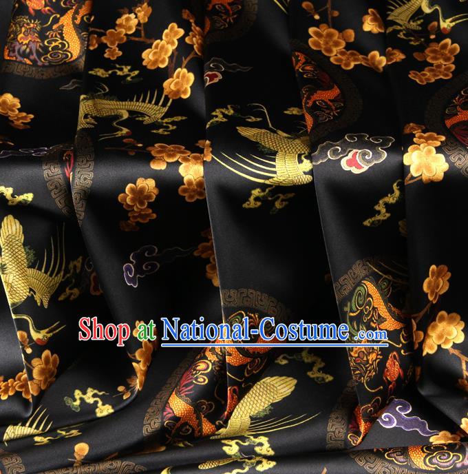 Chinese Traditional Classical Crane Dragon Pattern Black Brocade Damask Asian Satin Drapery Silk Fabric