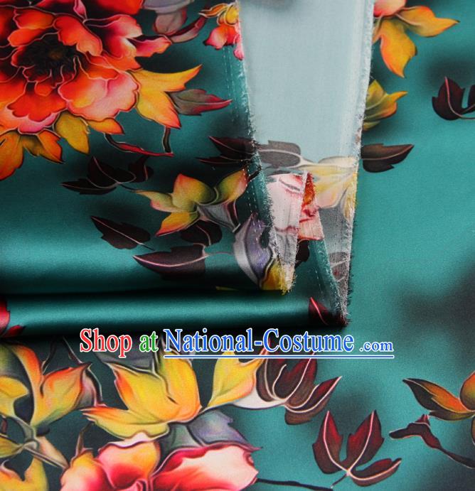 Chinese Traditional Classical Peony Pattern Green Brocade Damask Asian Satin Drapery Silk Fabric