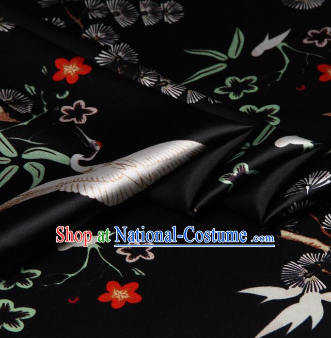 Chinese Traditional Classical Crane Pattern Black Brocade Damask Asian Satin Drapery Silk Fabric