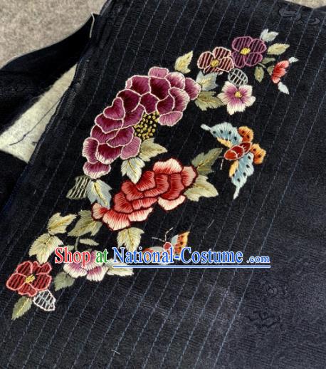 Traditional Chinese Black Satin Classical Embroidered Peony Butterfly Pattern Design Brocade Fabric Asian Silk Fabric Material