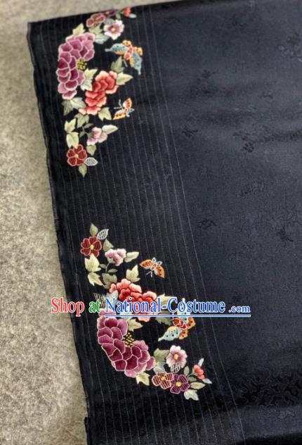 Traditional Chinese Black Satin Classical Embroidered Peony Butterfly Pattern Design Brocade Fabric Asian Silk Fabric Material