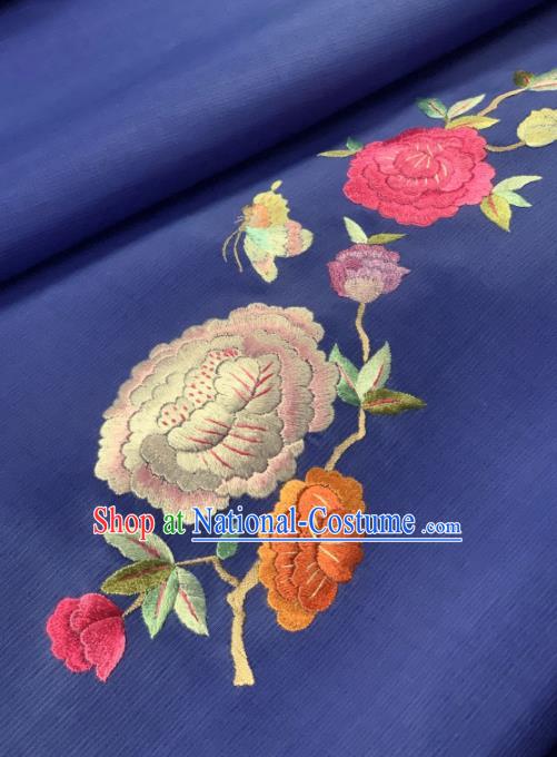 Traditional Chinese Blue Satin Classical Embroidered Peony Pattern Design Brocade Fabric Asian Silk Fabric Material