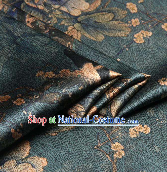 Chinese Traditional Classical Peony Plum Pattern Deep Green Brocade Damask Asian Satin Drapery Silk Fabric