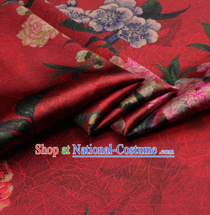 Chinese Traditional Classical Peach Blossom Pattern Red Brocade Damask Asian Satin Drapery Silk Fabric