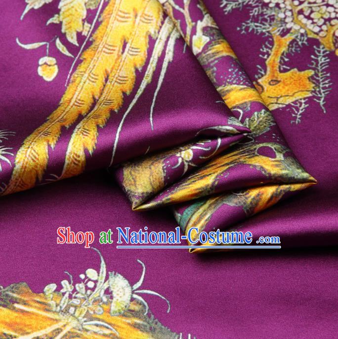 Chinese Traditional Classical Flowers Birds Pattern Purple Brocade Damask Asian Satin Drapery Silk Fabric