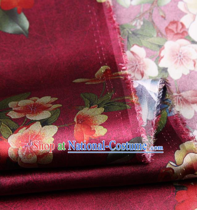 Chinese Traditional Classical Peach Flowers Pattern Wine Red Brocade Damask Asian Satin Drapery Silk Fabric