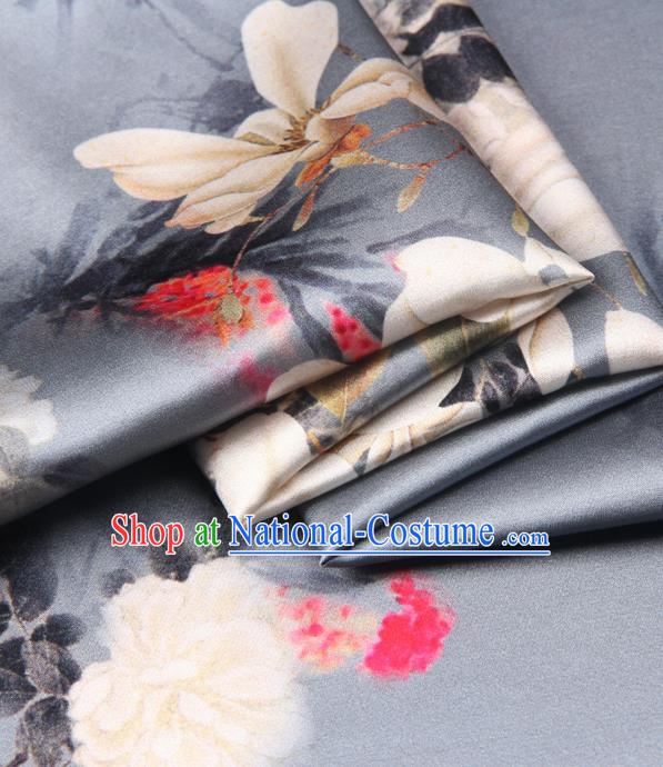 Chinese Traditional Classical Yulan Magnolia Pattern Grey Brocade Damask Asian Satin Drapery Silk Fabric