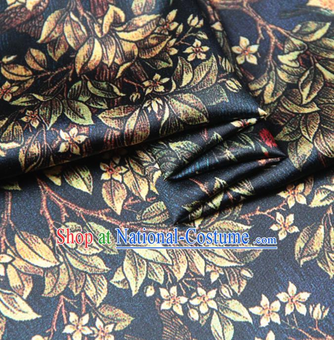 Chinese Traditional Classical Leaf Pattern Navy Brocade Damask Asian Satin Drapery Silk Fabric