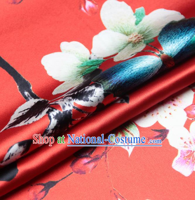 Chinese Traditional Classical Peach Flowers Pattern Red Brocade Damask Asian Satin Drapery Silk Fabric