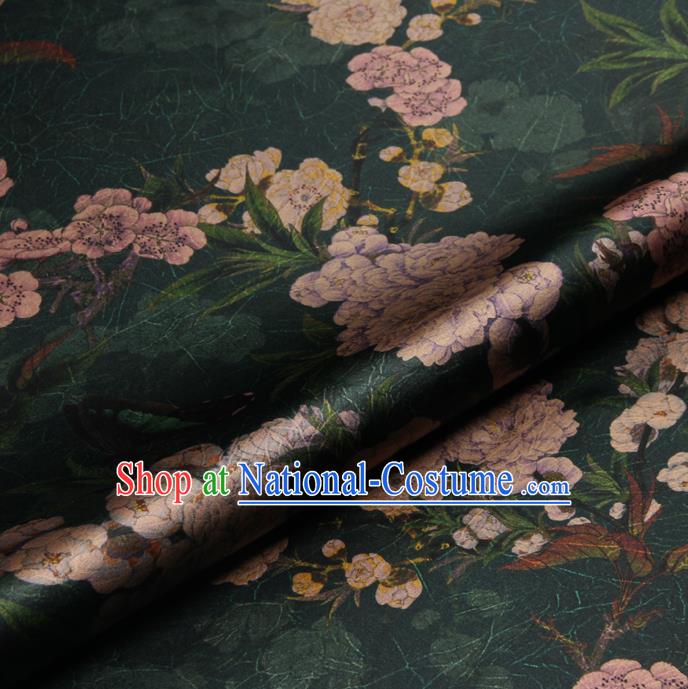 Chinese Traditional Classical Peach Blossom Pattern Deep Green Brocade Damask Asian Satin Drapery Silk Fabric