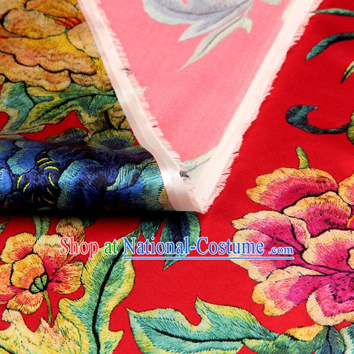 Chinese Traditional Classical Peony Pattern Red Brocade Damask Asian Satin Drapery Silk Fabric