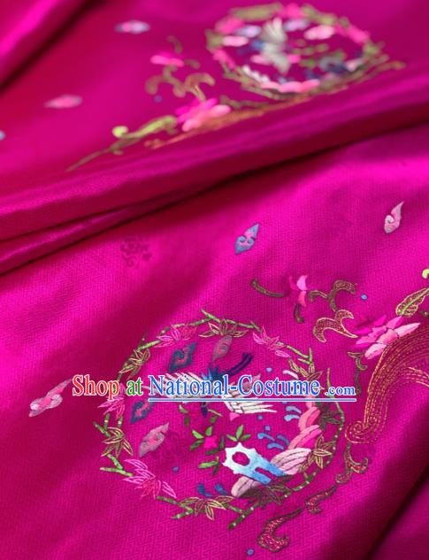 Traditional Chinese Satin Classical Embroidered Crane Pattern Design Rosy Brocade Fabric Asian Silk Fabric Material