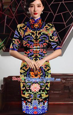 Chinese Traditional Classical Dragon Pattern Black Brocade Damask Asian Satin Drapery Silk Fabric