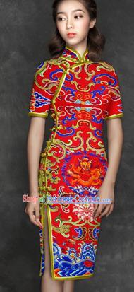 Chinese Traditional Classical Dragon Pattern Red Brocade Damask Asian Satin Drapery Silk Fabric