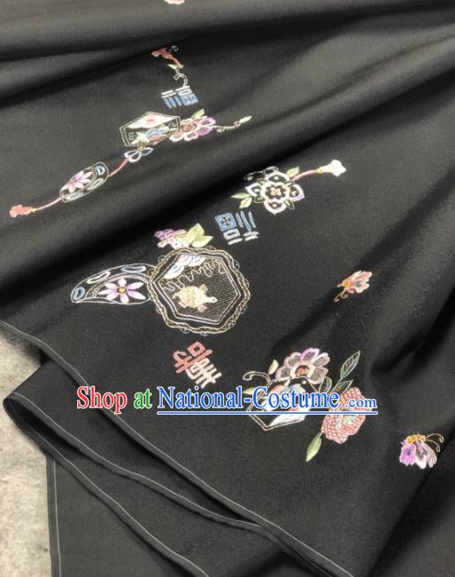 Traditional Chinese Satin Classical Embroidered Longevity Pattern Design Black Brocade Fabric Asian Silk Fabric Material