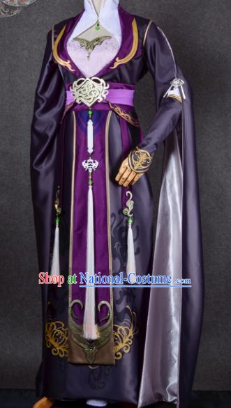 Chinese Traditional Cosplay Female Knight Purple Costume Ancient Fairy Swordsman Dress for Women