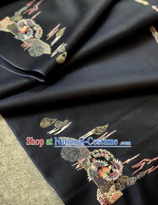 Traditional Chinese Satin Classical Embroidered Peach Pattern Design Black Brocade Fabric Asian Silk Fabric Material