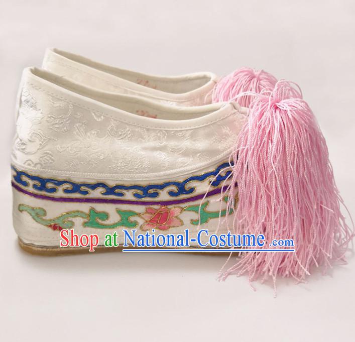 Chinese Traditional Beijing Opera Diva Shoes Ancient Princess White Embroidered Shoes for Women