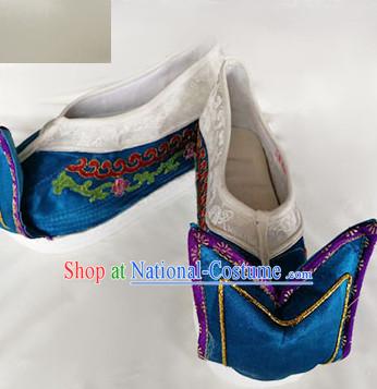 Chinese Traditional Beijing Opera Queen Blue Embroidered Shoes Ancient Empress Hanfu Shoes for Adults