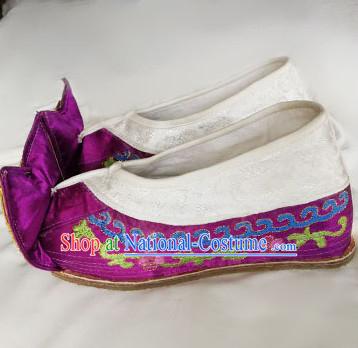 Chinese Traditional Beijing Opera Embroidered Shoes Ancient Princess Hanfu Purple Satin Shoes for Adults