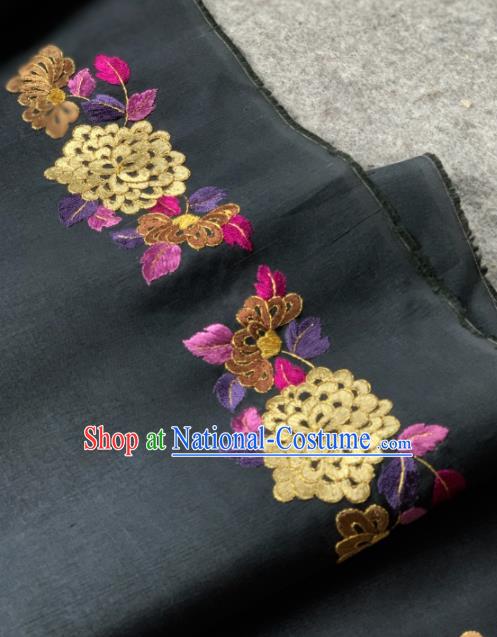 Traditional Chinese Satin Classical Embroidered Chrysanthemum Pattern Design Black Brocade Fabric Asian Silk Fabric Material