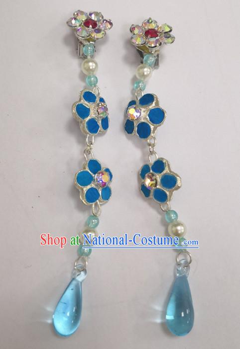 Chinese Ancient Queen Light Blue Crystal Plum Earrings Traditional Beijing Opera Diva Ear Accessories for Adults