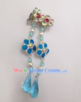 Chinese Ancient Queen Plum Blue Crystal Earrings Traditional Beijing Opera Diva Ear Accessories for Adults