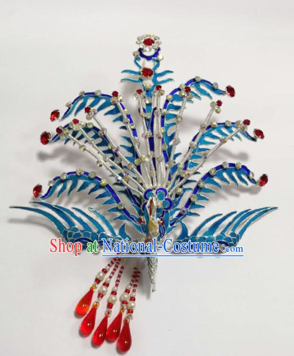 Chinese Ancient Queen Blueing Phoenix Coronet Hairpins Traditional Beijing Opera Diva Hair Accessories for Adults