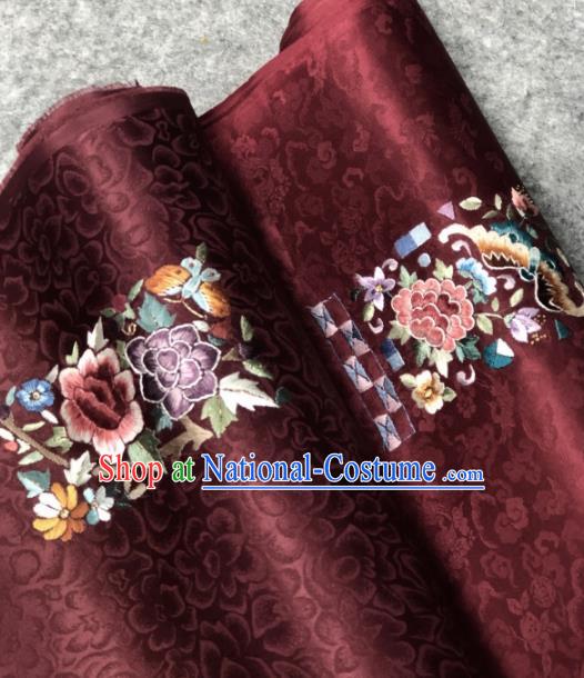 Traditional Chinese Satin Classical Embroidered Peony Pattern Design Deep Brown Brocade Fabric Asian Silk Fabric Material