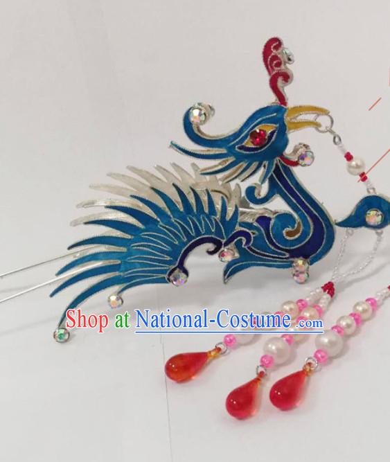 Chinese Traditional Beijing Opera Diva Hair Accessories Ancient Queen Blue Phoenix Hairpins for Women